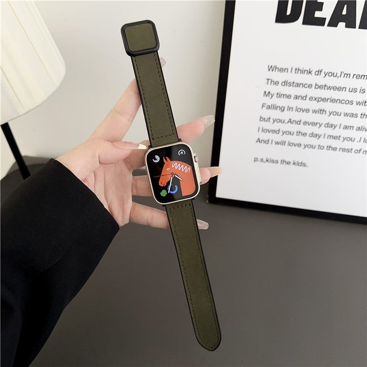 PU Leather Strap for Apple Watch Series 10 42mm / 9 8 7 41mm / SE (2023) SE (2022) SE 6 5 4 40mm / 3 2 1 38mm Magnetic Buckle Band - Army Green