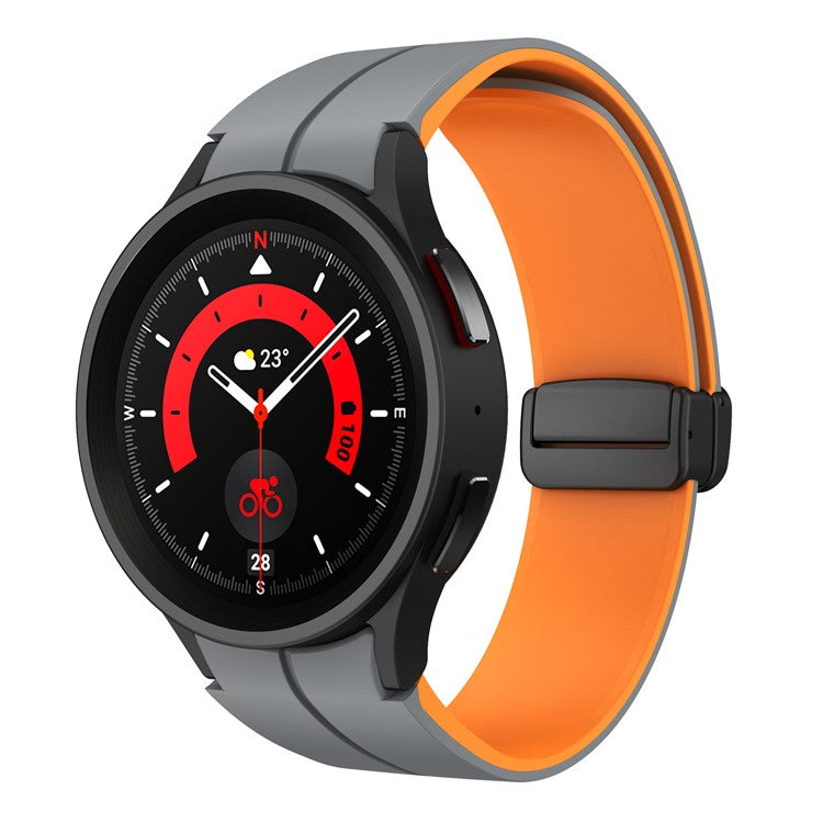 For Samsung Galaxy Watch 5 Pro 45mm Magnetic Buckle Wrist Band Bi-Color Silicone Strap - Grey + Orange