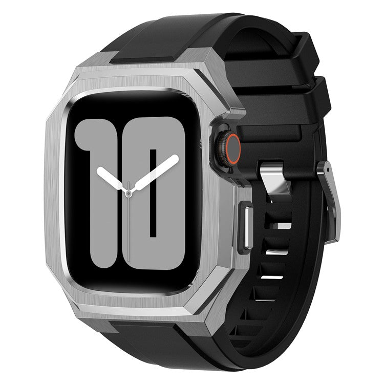 For Apple Watch Series 9 8 7 45mm Band Fluororubber Watch Strap with Stainless Steel Bezel Case - Silver