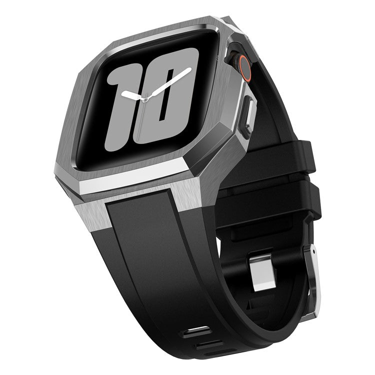 For Apple Watch Series 9 8 7 45mm Band Fluororubber Watch Strap with Stainless Steel Bezel Case - Silver