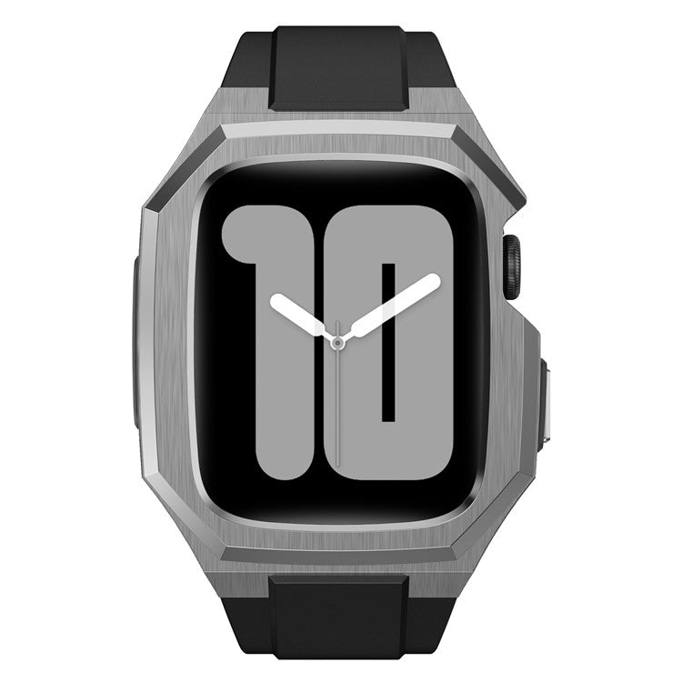 For Apple Watch Series 9 8 7 45mm Band Fluororubber Watch Strap with Stainless Steel Bezel Case - Silver