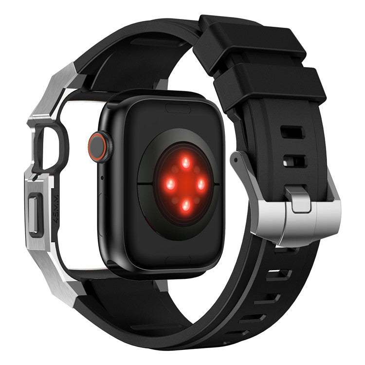 For Apple Watch Series 9 8 7 45mm Band Fluororubber Watch Strap with Stainless Steel Bezel Case - Silver