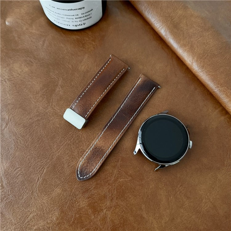 For Samsung Galaxy Watch3 45mm / Huawei Watch 4 Band 22mm Genuine Cow Leather Watch Strap - Matte Olive