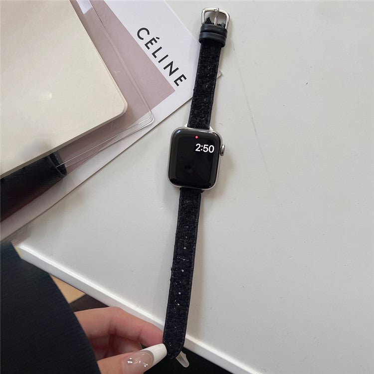 For Apple Watch 10 46mm / Ultra 2 / Ultra 49mm / 9 8 7 45mm / SE (2023) SE (2022) SE 6 5 4 44mm / 3 2 1 42mm Watch Strap Woolen+Leather - Black+Silver Buckle