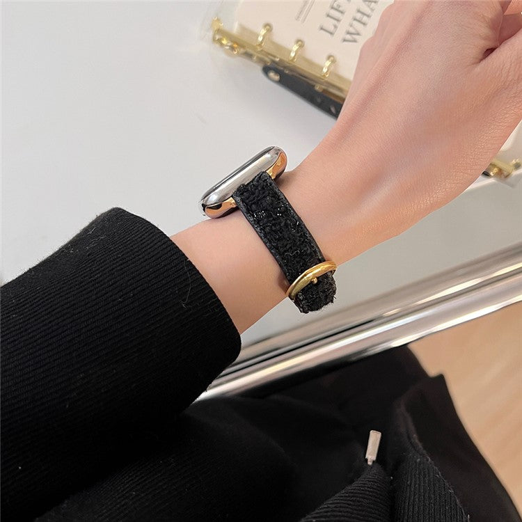 For Apple Watch 10 46mm / Ultra 2 / Ultra 49mm / 9 8 7 45mm / SE (2023) SE (2022) SE 6 5 4 44mm / 3 2 1 42mm Watch Strap Woolen+Leather - Black+Silver Buckle