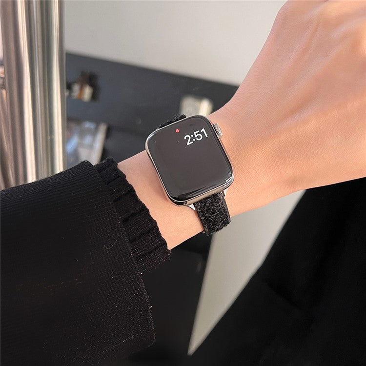 For Apple Watch 10 46mm / Ultra 2 / Ultra 49mm / 9 8 7 45mm / SE (2023) SE (2022) SE 6 5 4 44mm / 3 2 1 42mm Watch Strap Woolen+Leather - Black+Silver Buckle