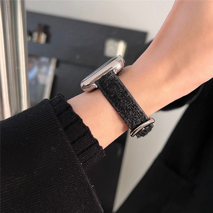 For Apple Watch 10 46mm / Ultra 2 / Ultra 49mm / 9 8 7 45mm / SE (2023) SE (2022) SE 6 5 4 44mm / 3 2 1 42mm Watch Strap Woolen+Leather - Black+Silver Buckle