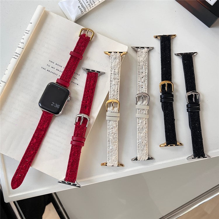 For Apple Watch 10 46mm / Ultra 2 / Ultra 49mm / 9 8 7 45mm / SE (2023) SE (2022) SE 6 5 4 44mm / 3 2 1 42mm Watch Strap Woolen+Leather - Black+Silver Buckle