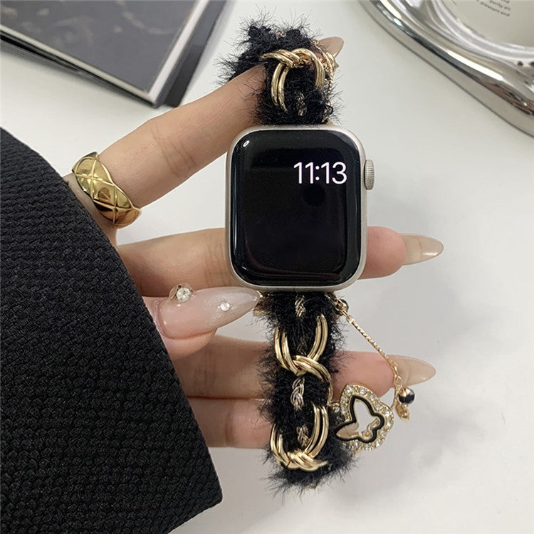 For Apple Watch Series 10 42mm / 9 8 7 41mm / 6 5 4 SE (2022) SE (2023) SE 40mm / 3 2 1 38mm Adjustable Plush Watch Strap - Black+Gold