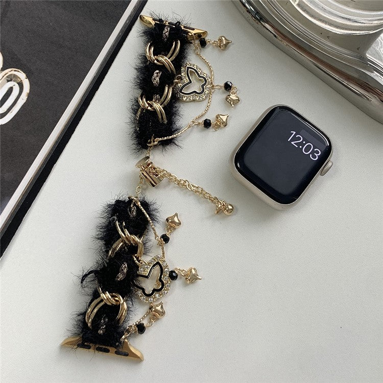 For Apple Watch Series 10 42mm / 9 8 7 41mm / 6 5 4 SE (2022) SE (2023) SE 40mm / 3 2 1 38mm Adjustable Plush Watch Strap - Black+Gold