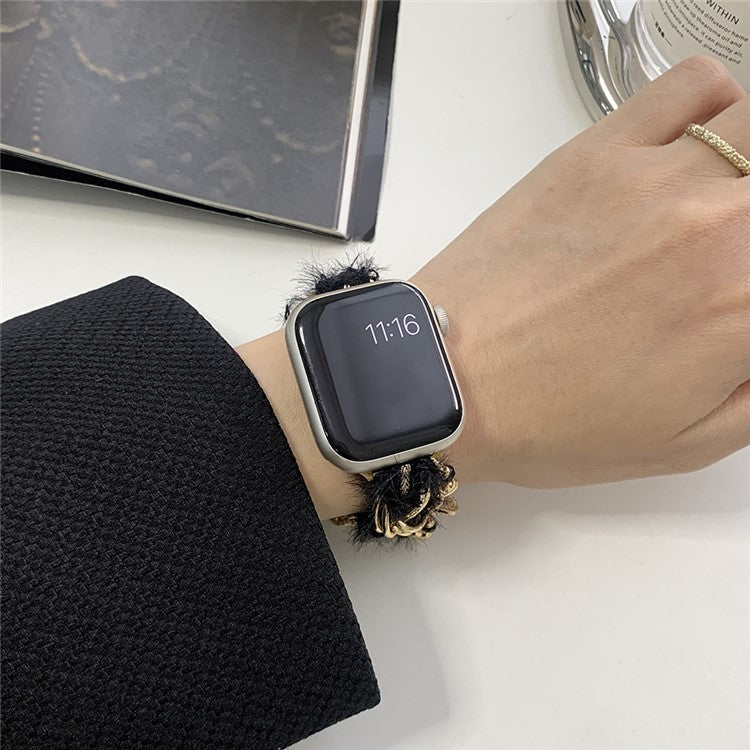 For Apple Watch Series 10 42mm / 9 8 7 41mm / 6 5 4 SE (2022) SE (2023) SE 40mm / 3 2 1 38mm Adjustable Plush Watch Strap - Black+Gold