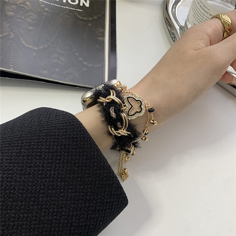 For Apple Watch Series 10 42mm / 9 8 7 41mm / 6 5 4 SE (2022) SE (2023) SE 40mm / 3 2 1 38mm Adjustable Plush Watch Strap - Black+Gold