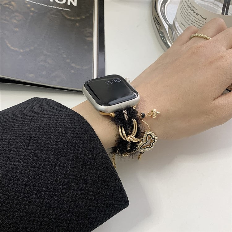 For Apple Watch Series 10 42mm / 9 8 7 41mm / 6 5 4 SE (2022) SE (2023) SE 40mm / 3 2 1 38mm Adjustable Plush Watch Strap - Black+Gold