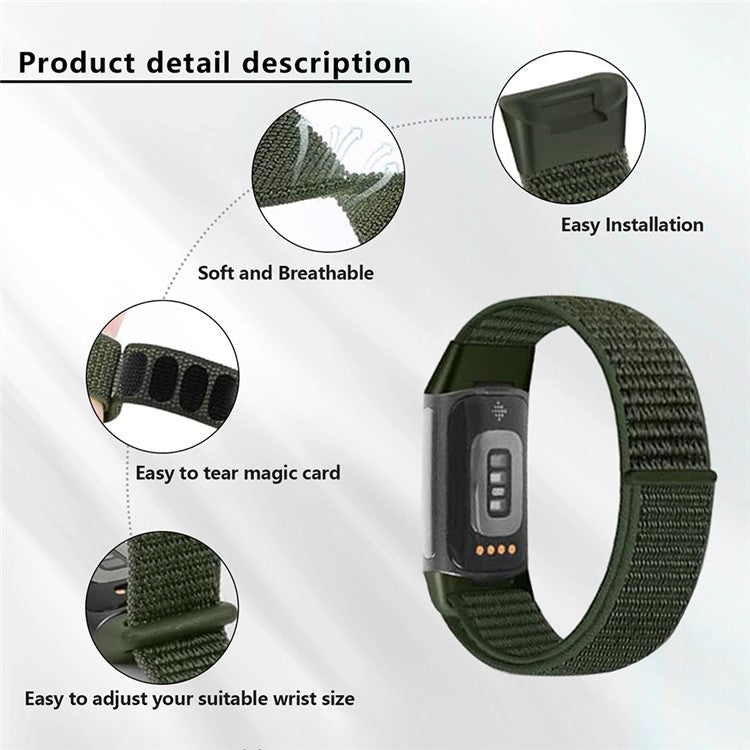 KALEBOL KLB-NLHH-001 For Fitbit Charge 5 / 6 Nylon Watchband Loop Fastener Wrist Strap - Army Green