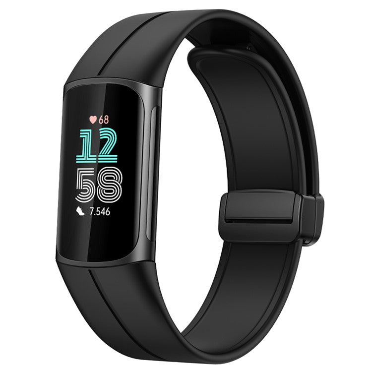For Fitbit Charge 5 / Charge 6 Watch Strap Magnetic Silicone Band - Black