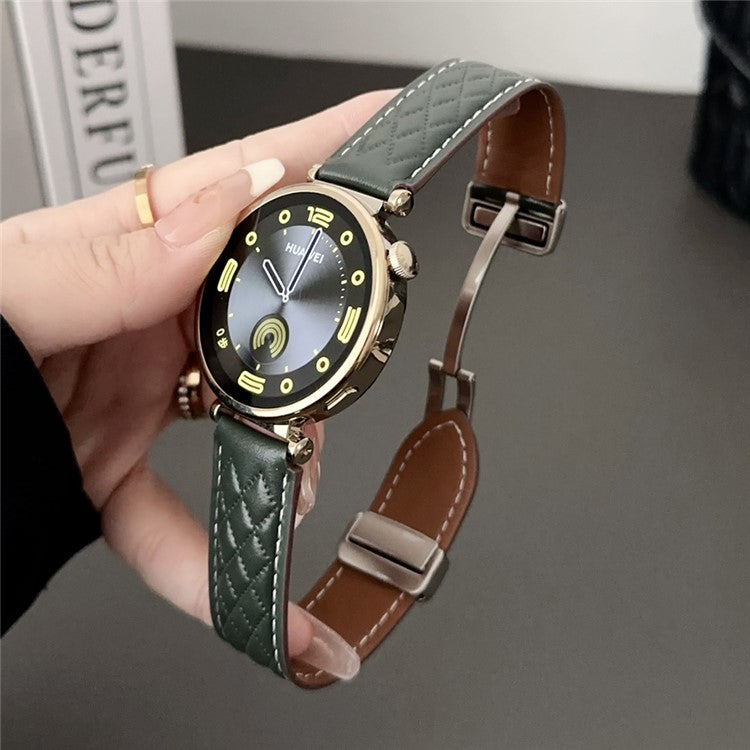 For Huawei Watch GT 4 41mm / Garmin Venu 3S Genuine Cow Leather Band 18mm Magnetic Buckle Strap - Blackish Green