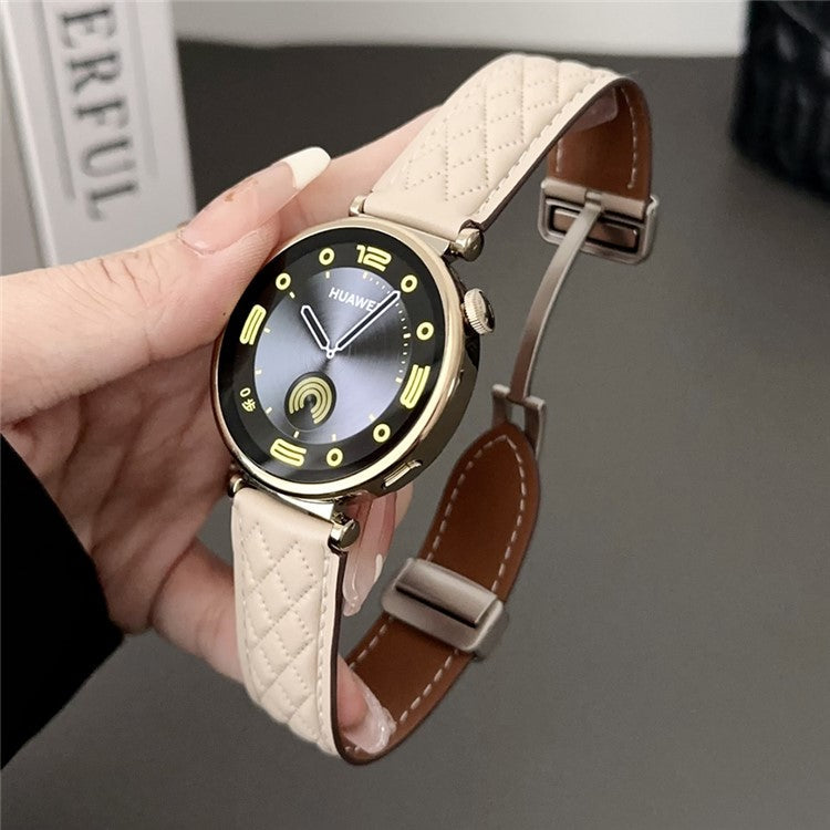 For Huawei Watch GT 4 41mm / Garmin Venu 3S Genuine Cow Leather Band 18mm Magnetic Buckle Strap - Beige