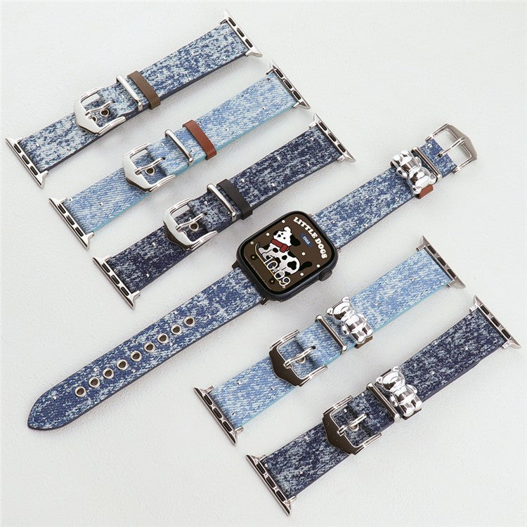 For Apple Watch Series 10 42mm / 9 8 7 41mm / SE (2023) SE (2022) SE 6 5 4 40mm / 3 2 1 38mm Denim Watchband - Snowflake Blue+Bear