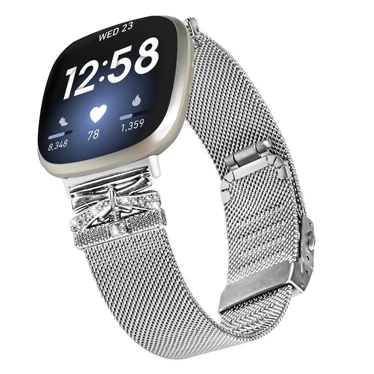 For Fitbit Sense / Versa 3 Milanese Watchband Stainless Steel Watch Strap with Rhinestone Decor - Silver