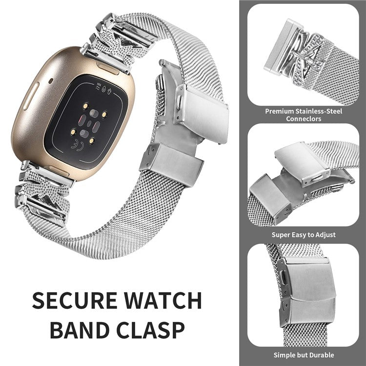 For Fitbit Sense / Versa 3 Milanese Watchband Stainless Steel Watch Strap with Rhinestone Decor - Silver