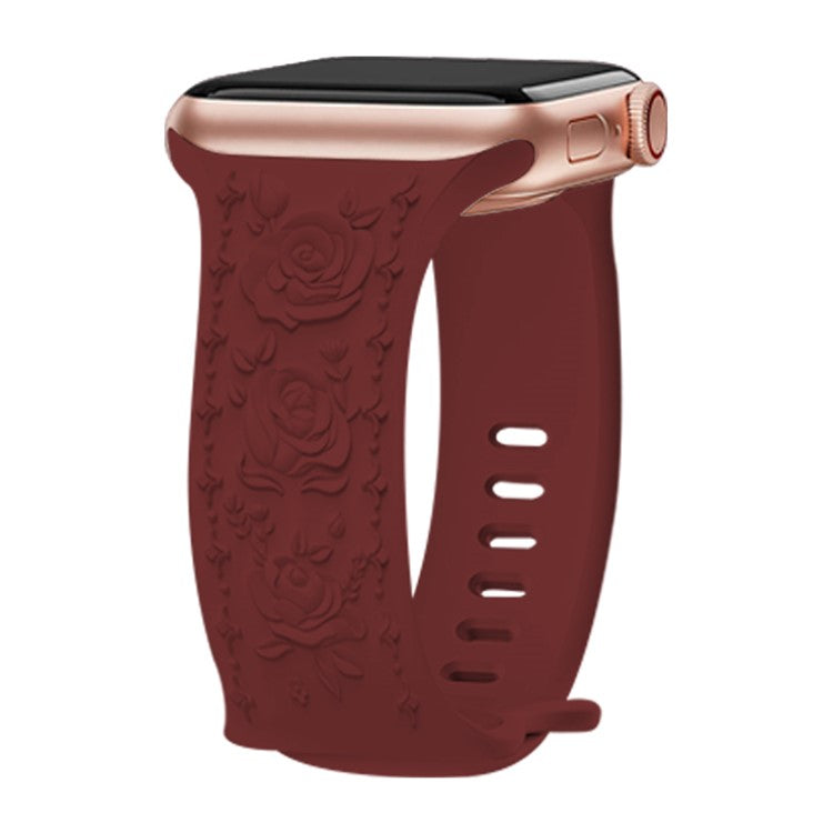 Rose Embossment Strap for Apple Watch Series 10 42mm / 9 8 7 41mm / SE (2023) SE (2022) SE 6 5 4 40mm / 3 2 1 38mm Silicone Band - Wine Red