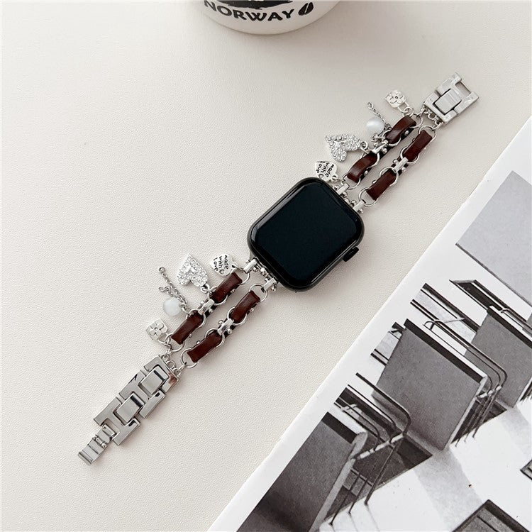 Lovely Pendant Watch Strap for Apple Watch Series 10 42mm / 9 8 7 41mm / SE (2023) SE (2022) SE 6 5 4 40mm / 3 2 1 38mm Zinc Alloy+Leather Band - Silver+Brown