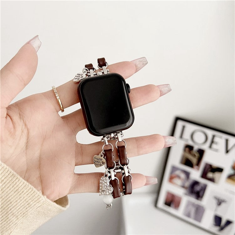 Lovely Pendant Watch Strap for Apple Watch Series 10 42mm / 9 8 7 41mm / SE (2023) SE (2022) SE 6 5 4 40mm / 3 2 1 38mm Zinc Alloy+Leather Band - Silver+Brown