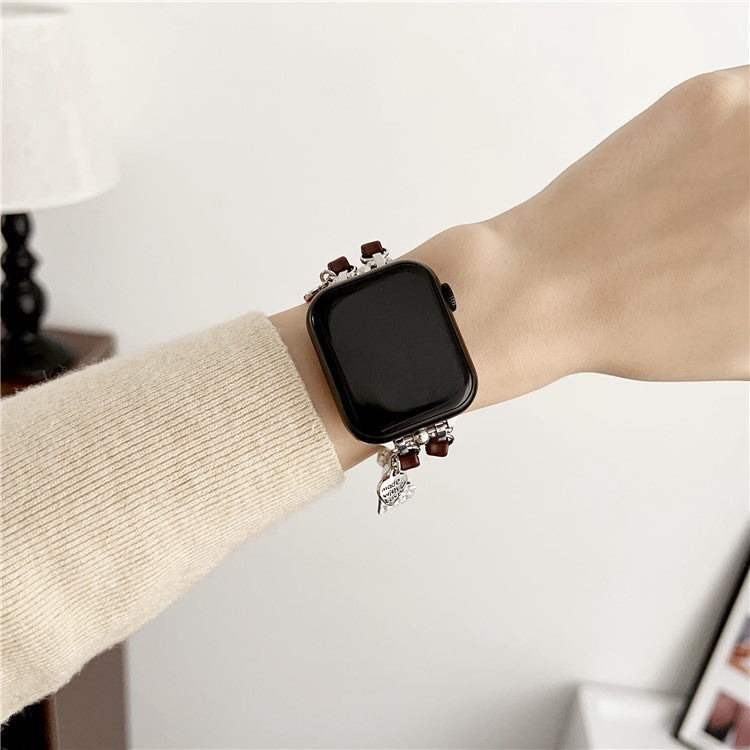 Lovely Pendant Watch Strap for Apple Watch Series 10 42mm / 9 8 7 41mm / SE (2023) SE (2022) SE 6 5 4 40mm / 3 2 1 38mm Zinc Alloy+Leather Band - Silver+Brown