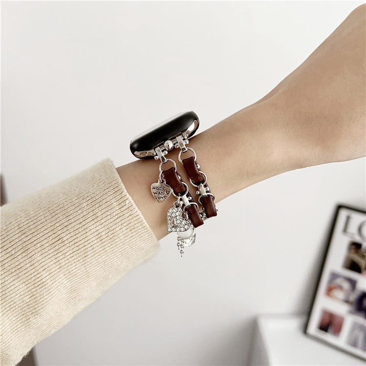 Lovely Pendant Watch Strap for Apple Watch Series 10 42mm / 9 8 7 41mm / SE (2023) SE (2022) SE 6 5 4 40mm / 3 2 1 38mm Zinc Alloy+Leather Band - Silver+Brown