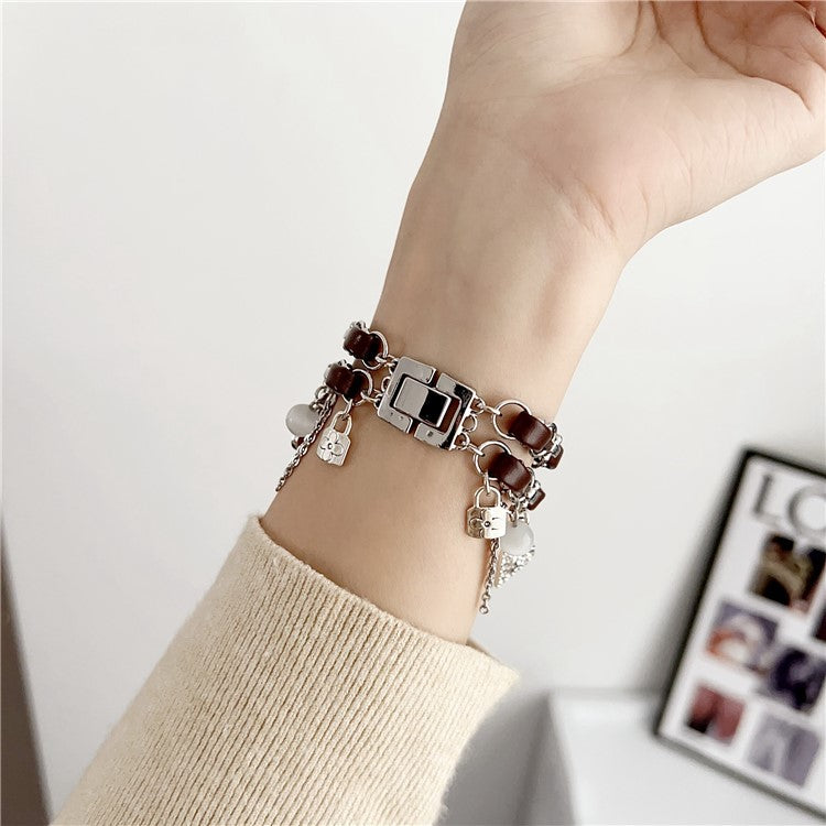 Lovely Pendant Watch Strap for Apple Watch Series 10 42mm / 9 8 7 41mm / SE (2023) SE (2022) SE 6 5 4 40mm / 3 2 1 38mm Zinc Alloy+Leather Band - Silver+Brown