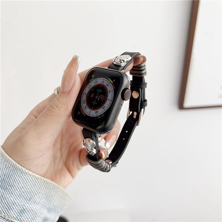 For Apple Watch Series 10 46mm / Ultra 2 / Ultra 49mm / 9 8 7 45mm / SE (2023) SE (2022) SE 6 5 4 44mm / 3 2 1 42mm Genuine Leather Watch Strap - Black