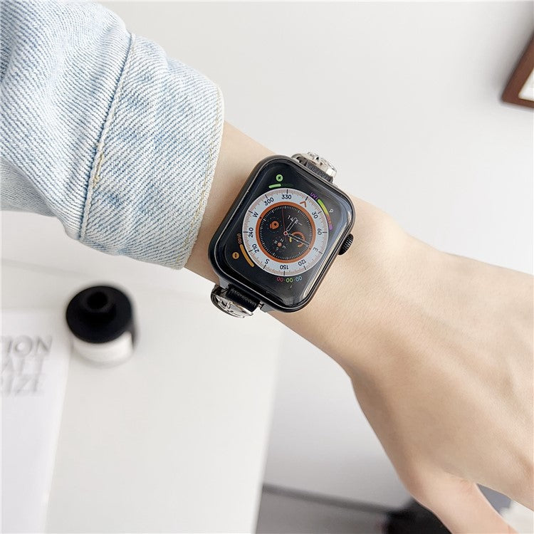For Apple Watch Series 10 46mm / Ultra 2 / Ultra 49mm / 9 8 7 45mm / SE (2023) SE (2022) SE 6 5 4 44mm / 3 2 1 42mm Genuine Leather Watch Strap - Black