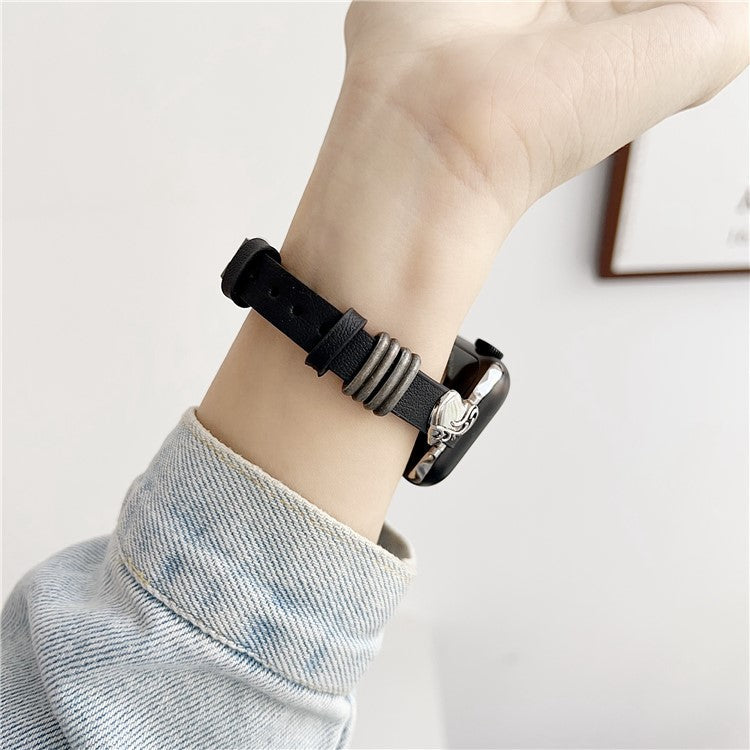 For Apple Watch Series 10 46mm / Ultra 2 / Ultra 49mm / 9 8 7 45mm / SE (2023) SE (2022) SE 6 5 4 44mm / 3 2 1 42mm Genuine Leather Watch Strap - Black