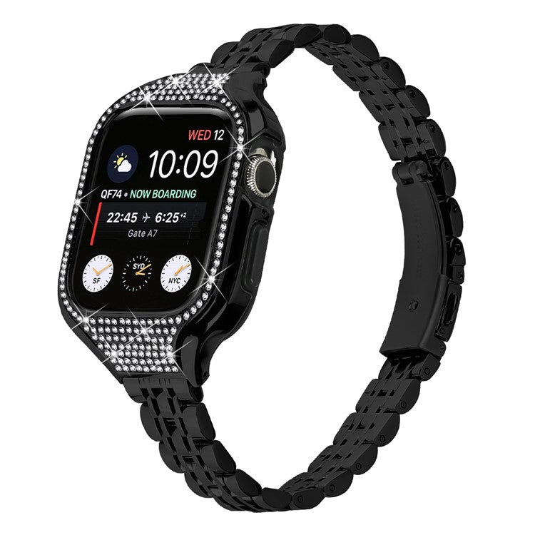 For Apple Watch Series 7 / 8 / 9 41mm Replacement 7 Beads Stainless Steel Strap with Watch Case - Black
