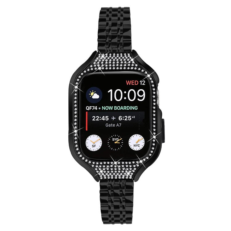 For Apple Watch Series 7 / 8 / 9 41mm Replacement 7 Beads Stainless Steel Strap with Watch Case - Black