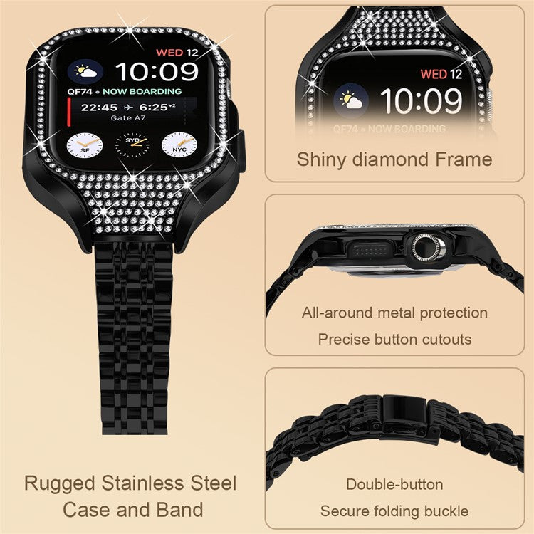 For Apple Watch Series 7 / 8 / 9 41mm Replacement 7 Beads Stainless Steel Strap with Watch Case - Black