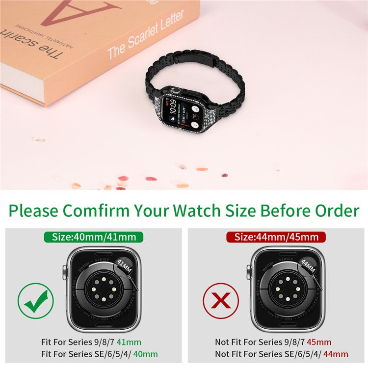 For Apple Watch Series 7 / 8 / 9 41mm Replacement 7 Beads Stainless Steel Strap with Watch Case - Black