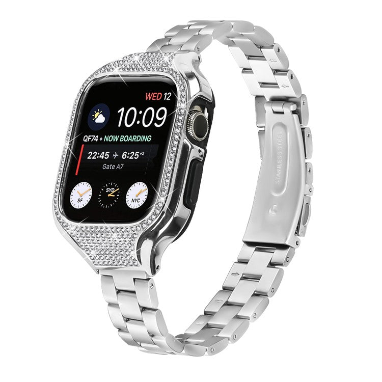 For Apple Watch Series 7 / 8 / 9 41mm Folding Buckle 3 Beads Stainless Steel Watch Strap with Watch Case - Silver