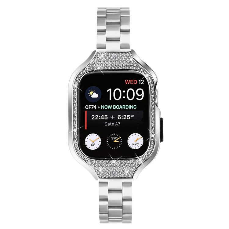 For Apple Watch Series 7 / 8 / 9 41mm Folding Buckle 3 Beads Stainless Steel Watch Strap with Watch Case - Silver