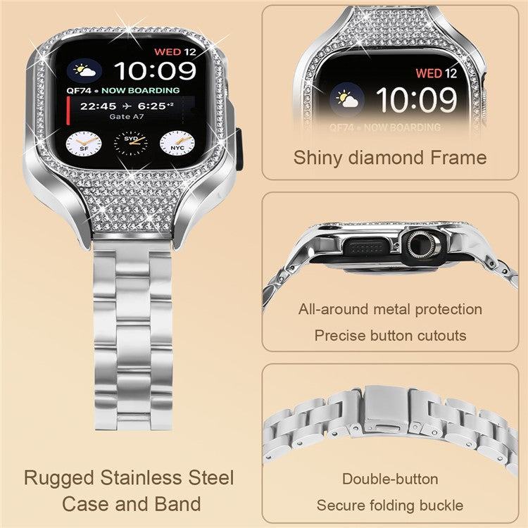 For Apple Watch Series 7 / 8 / 9 41mm Folding Buckle 3 Beads Stainless Steel Watch Strap with Watch Case - Silver