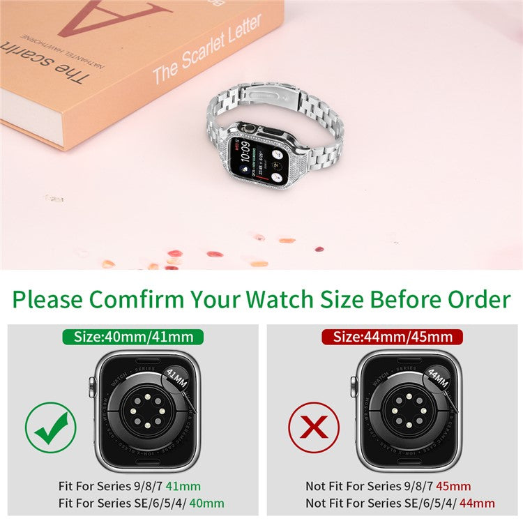 For Apple Watch Series 7 / 8 / 9 41mm Folding Buckle 3 Beads Stainless Steel Watch Strap with Watch Case - Silver