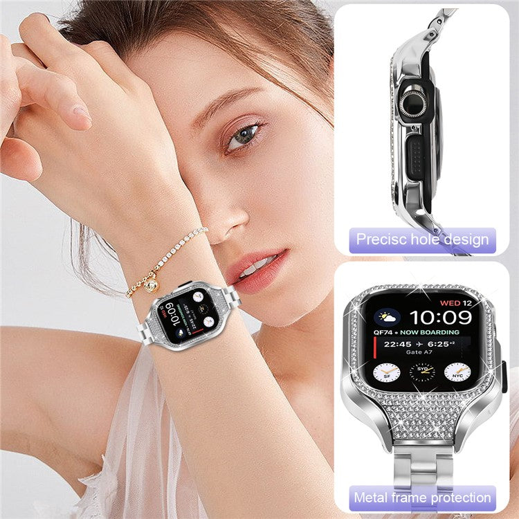 For Apple Watch Series 7 / 8 / 9 41mm Folding Buckle 3 Beads Stainless Steel Watch Strap with Watch Case - Silver