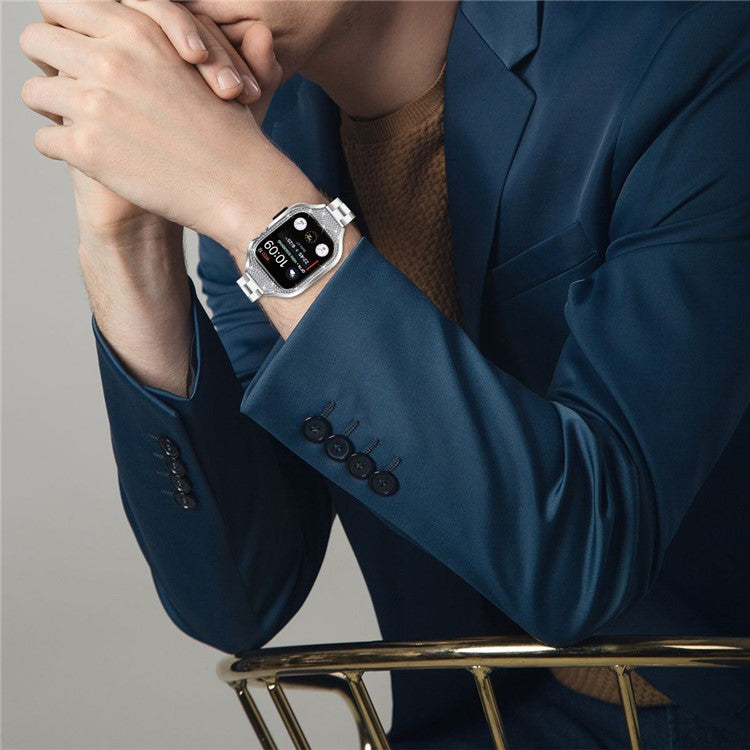 For Apple Watch Series 7 / 8 / 9 41mm Folding Buckle 3 Beads Stainless Steel Watch Strap with Watch Case - Silver