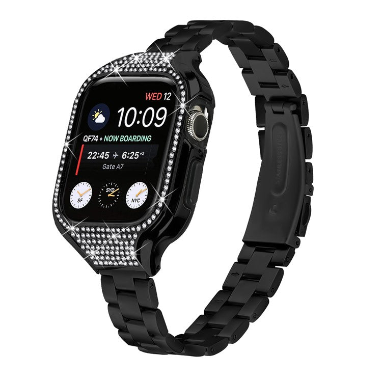 For Apple Watch Series 6 / 5 / 4 / SE (2022) / SE (2023) / SE 40mm 3 Beads Stainless Steel Watch Band with Watch Case - Black
