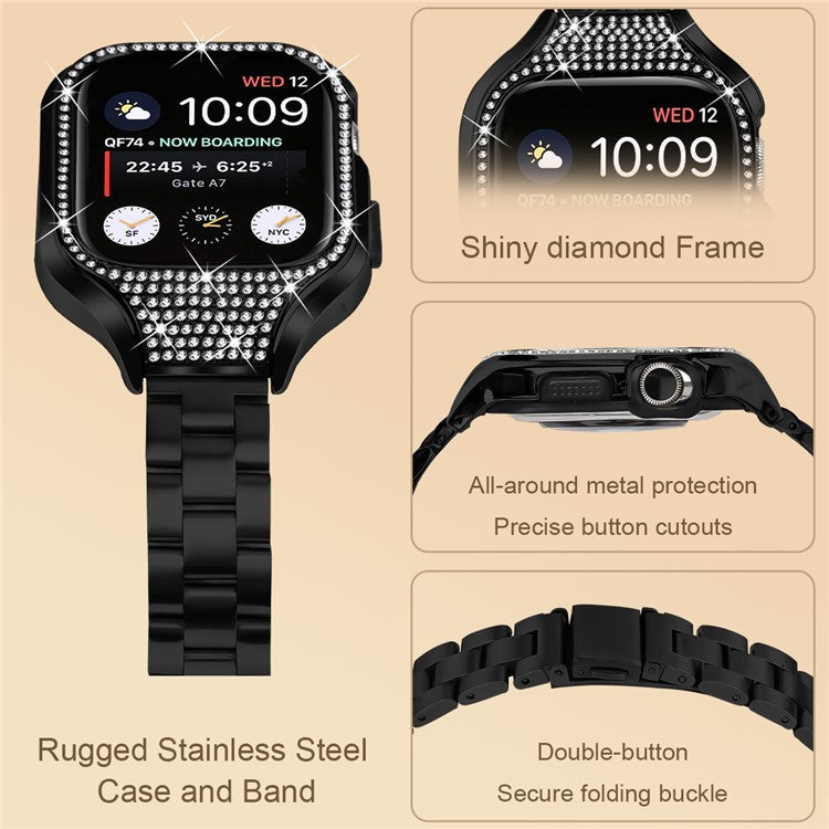 For Apple Watch Series 6 / 5 / 4 / SE (2022) / SE (2023) / SE 40mm 3 Beads Stainless Steel Watch Band with Watch Case - Black