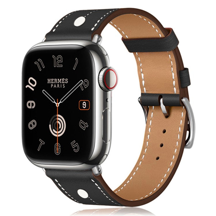 KALEBOL Strap For Apple Watch Series 10 42mm / 9 8 7 41mm / SE (2023) SE (2022) SE 6 5 4 40mm / 3 2 1 38mm Genuine Cow Leather Band Rivet Decor - Black