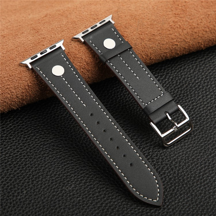 KALEBOL Strap For Apple Watch Series 10 42mm / 9 8 7 41mm / SE (2023) SE (2022) SE 6 5 4 40mm / 3 2 1 38mm Genuine Cow Leather Band Rivet Decor - Black