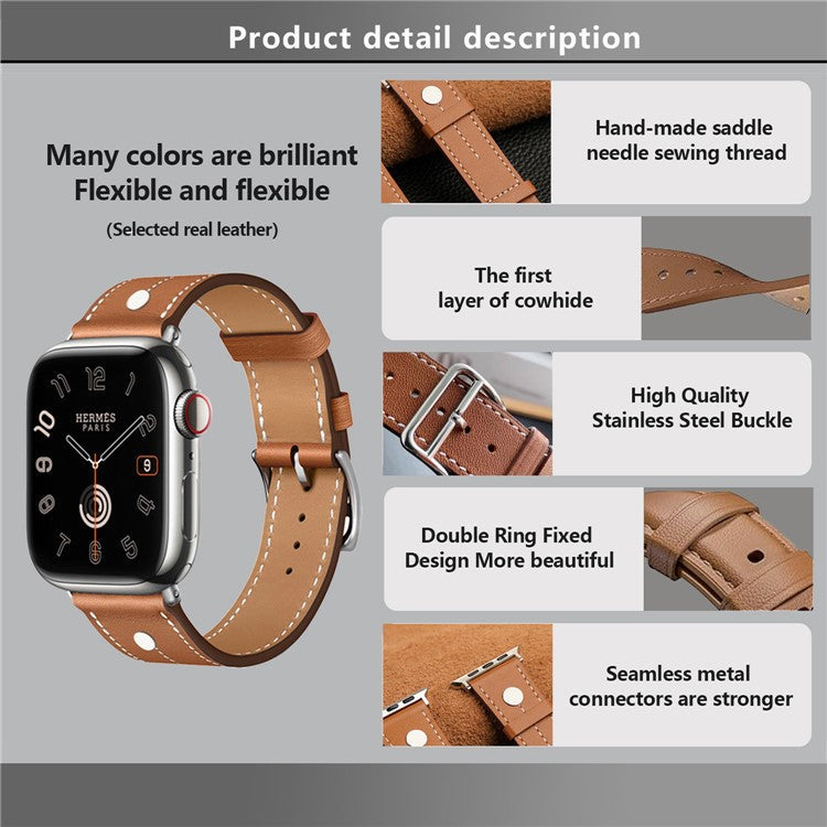 KALEBOL Strap For Apple Watch Series 10 42mm / 9 8 7 41mm / SE (2023) SE (2022) SE 6 5 4 40mm / 3 2 1 38mm Genuine Cow Leather Band Rivet Decor - Black