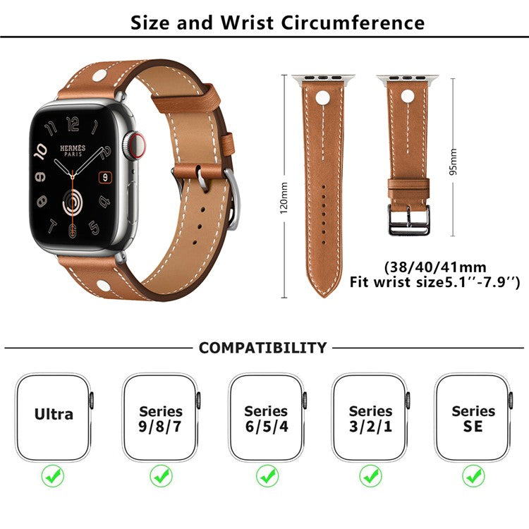 KALEBOL Strap For Apple Watch Series 10 42mm / 9 8 7 41mm / SE (2023) SE (2022) SE 6 5 4 40mm / 3 2 1 38mm Genuine Cow Leather Band Rivet Decor - Black