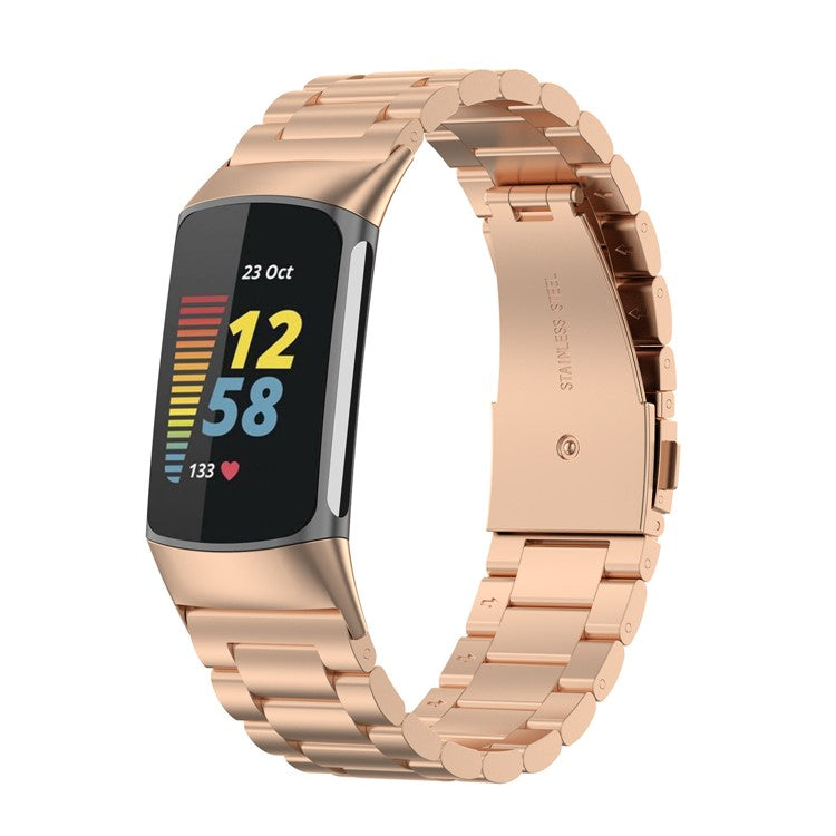 KALEBOL KLB-SZBXG-001 For Fitbit Charge 5 Watchband 3-Bead Stainless Steel Strap - Rose Gold